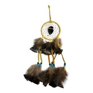 Handcrafted Yellow Dream Catcher With Feathers & Black Onyx Arrowhead 15"